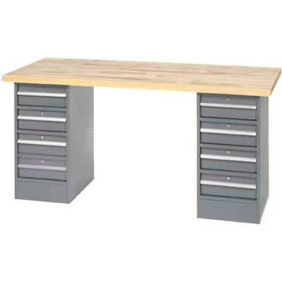 96" W x 30" D Pedestal Workbench W/ 8 Drawers, Maple Butcher Block Square Edge - Gray