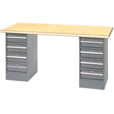 96" W x 30" D Pedestal Workbench W/ 8 Drawers, Shop Top Square Edge- Gray