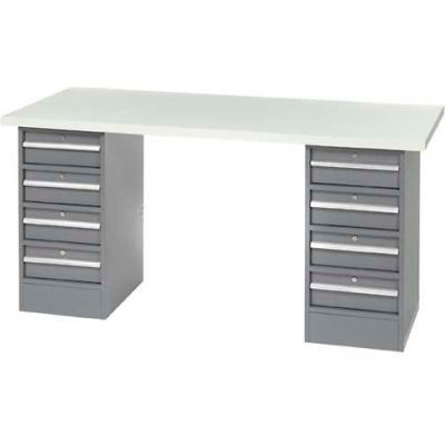 96" W x 30" D Pedestal Workbench W/ 8 Drawers, ESD Laminate Sqaure Edge- Gray