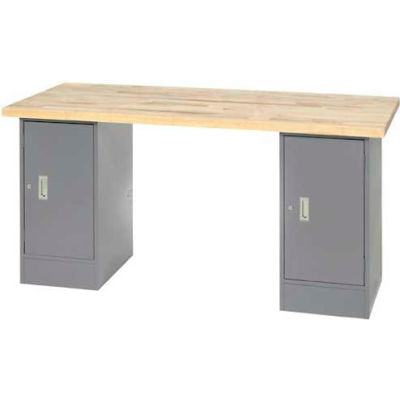 96" W x 30" D Pedestal Workbench W/ Double Cabinet, Maple Butcher Block Square Edge - Gray