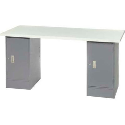 96" W x 30" D Pedestal Workbench W/ Double Cabinet, Plastic Laminate Square Edge - Gray
