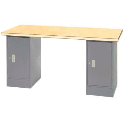 96" W x 30" D Pedestal Workbench W/ Double Cabinet, Shop Top Square Edge- Gray