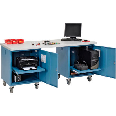 Global Industrial 72 x 30 Plastic Square Edge Mobile Pedestal Workbench Blue