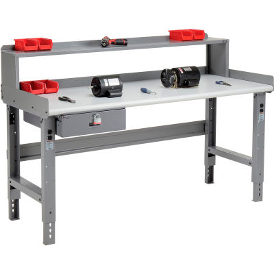 Global Industrial 72 x 30 Adj Height Workbench w/Drawer & Riser, Laminate Safety Top - Gray