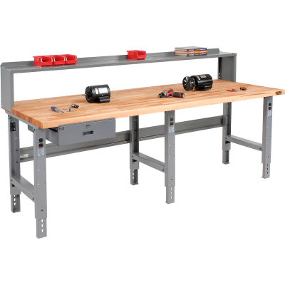 Global Industrial 96 x 36 Adj Height Workbench w/Drawer & Riser, Maple Square Edge Top - Gray