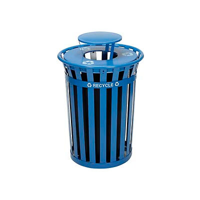 Global Industrial Outdoor Steel Recycling Receptacle with Rain Bonnet Lid - 36 Gallon Blue