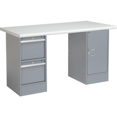 Global Industrial 60 x 30 Pedestal Workbench 2 Drawers and Cabinet, Laminate Safety Edge Gray