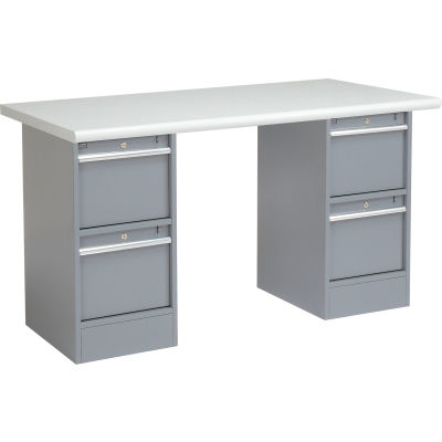 Global Industrial 60 x 30 Pedestal Workbench - 4 Drawers, Plastic Laminate Safety Edge - Gray