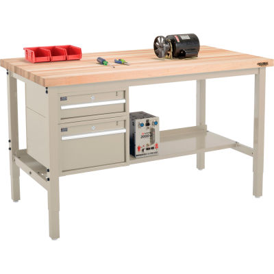 Global Industrial 72"W x 30"D Production Workbench - Maple Square Edge - Drawers & Shelf - Tan