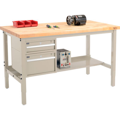 Global Industrial 60"W x 30"D Production Workbench - Birch Square Edge - Drawers & Shelf - Tan