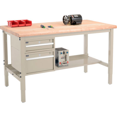 Global Industrial 60"W x 36"D Production Workbench - Maple Safety Edge - Drawers & Shelf - Tan
