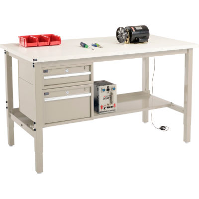 Global Industrial 96"W x 36"D Production Workbench - ESD Square Edge - Drawers & Shelf - Tan