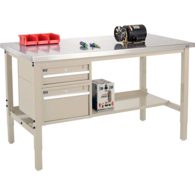 Global Industrial 72x30 Production Workbench, Stainless Steel Square Edge, Drawers & Shelf Tan