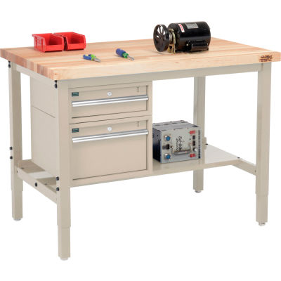 Global Industrial 48"W x 30"D Production Workbench - Maple Square Edge - Drawers & Shelf - Tan