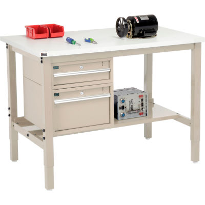 Global Industrial 48"W x 36"D Production Workbench - ESD Square Edge - Drawers & Shelf - Tan