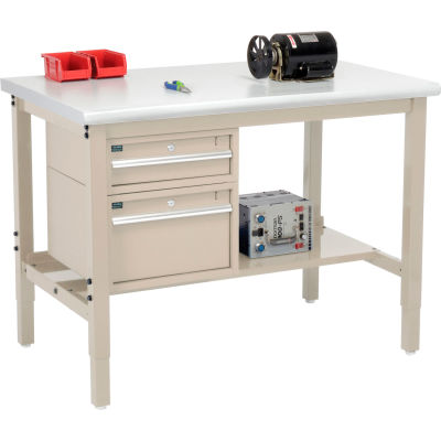 Global Industrial 48 x 36 Production Workbench - Laminate Safety Edge - Drawers & Shelf - Tan