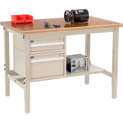 Global Industrial 48 x 30 Production Workbench - Shop Top Safety Edge - Drawers & Shelf - Tan