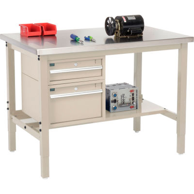Global Industrial 48"W x 30"D Production Workbench - SS Square Edge with Drawers & Shelf - Tan