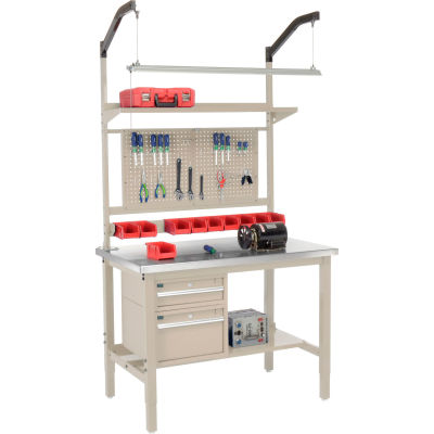 Global Industrial 48x30 Production Workbench - Stainless Steel Square Edge Complete Bench Tan