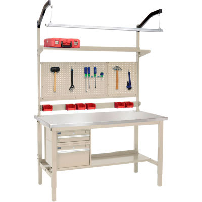 Global Industrial 60x30 Production Workbench - Stainless Steel Square Edge Complete Bench Tan