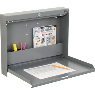 Global Industrial Folding Wall Mount Shop Desk with Lock 20"W x 3-3/8"D x 16-3/8"H - Gray