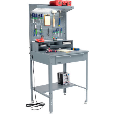 Global Industrial Flat Surfaced Shop Desk w/ Pegboard & Top Shelf, 34-1/2"W x 30"D, Gray