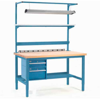 Global Industrial 96x36 Production Workbench, Light Kit & 6 Outlet Shelf, Birch Square Edge BL