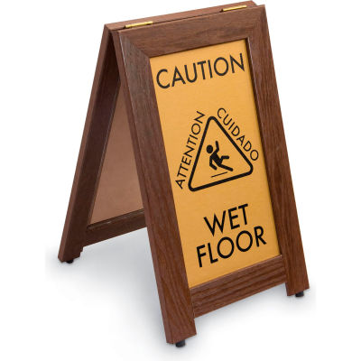 CAUTION WET FLOOR Sign With Rubber Feet, 12"x20", Walnut
