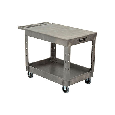 Industrial Strength Plastic 2 Flat Shelf Service & Utility Cart, 44” x 25-1/2”, 5" Rubber Caster