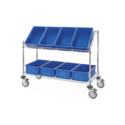 Global Industrial Easy Access Slant Shelf Chrome Wire Cart, 8 Blue Grid Containers 48Lx18Wx48H