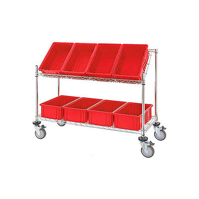 Global Industrial Easy Access Slant Shelf Chrome Wire Cart, 8 Red Grid Containers, 48Lx18Wx48H