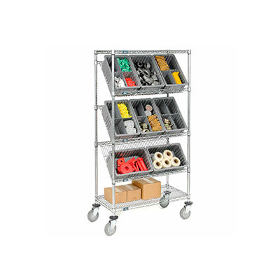Global Industrial Easy Access Slant Shelf Chrome Wire Cart, 8 Blue Grid Containers 36Lx18Wx63H