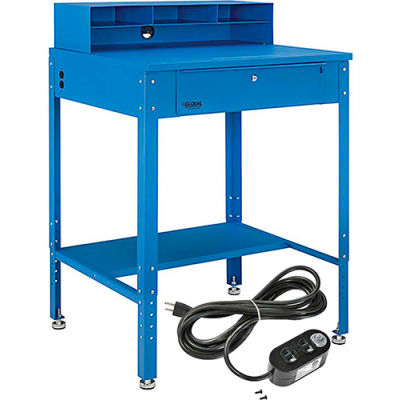 Global Industrial Flat Surfaced Shop Desk w/ Riser & Outlets, 34-1/2"W x 30"D, Blue