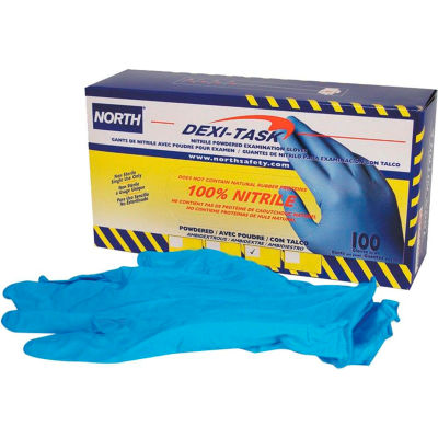North Safety Dexi-Task Disposable Industrial Nitrile Gloves, 5-Mil, Blue, Powder-Free, M, 100/Box