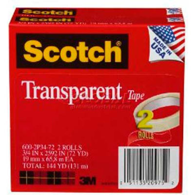 Scotch® Transparent Tape 600-2P34-72, 3/4" x 2592", 3" Core, 2 Rolls/PK