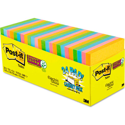 Post-it® Super Sticky Note Pads 65424SSANCP, 3" x 3", Electric Glow, 70 Sheets, 24/Pack