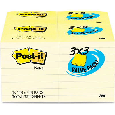 Post-it® Note Pad 65436VAD90, 3" x 3", Canary Yellow, 100 Sheets, 36/Pack