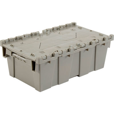 Global Industrial Plastic Attached Lid Shipping and Storage Container 19-5/8x11-7/8x7 Gray