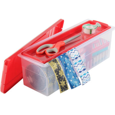 Ribbon Storage Plastic Box w/Divider and Tray, Red Lid/Clear Container, 16" L x 5-9/16" W x 5-1/2" H - Pkg Qty 6