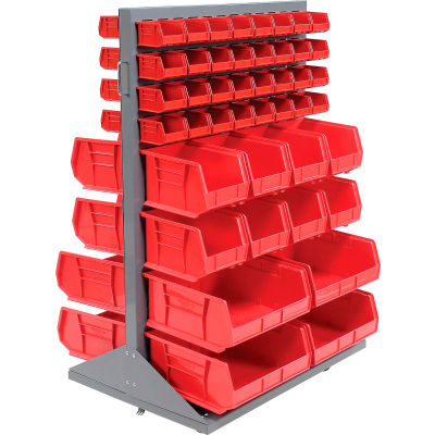 Global Industrial Mobile Double Sided Floor Rack - 88 Red Stacking Bins 36 x 54