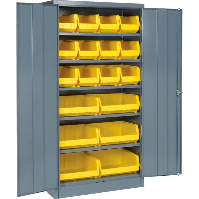 Locking Storage Cabinet 36"W X 18"D X 72"H With 18 Yellow Shelf Bins and 5 Shelves Assembled