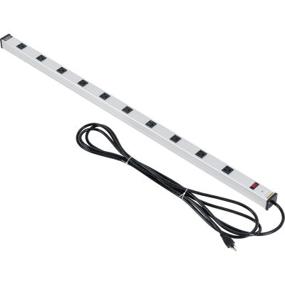 Global Industrial Aluminum Power Strip W/ 10 Outlets & 15' Long Cord, Silver