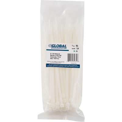 Global Industrial 8" Cable Zip Ties, Natural with UV, 75 Lb., 100 Pack