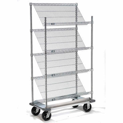 Nexel® Slant Wire Shelving Truck w/4 Shelves & Dolly Base, 36"L x 24"W x 70"H