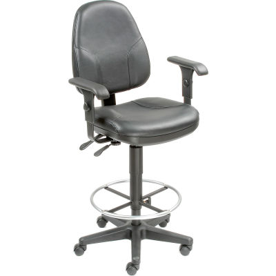 Interion® Leather Operator Stool with Arms - 360° Footrest - Black
