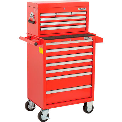 Global Industrial™ 26-3/8” x 18-1/8" x 52-9/16" 13 Drawer Red Roller Cabinet & Chest Combo 