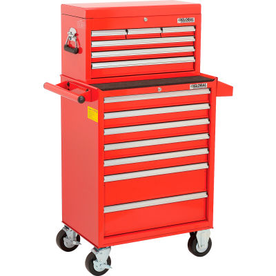 Global Industrial 26-3/8” x 18-1/8" x 52-9/16" 13 Drawer Red Roller Cabinet & Chest Combo