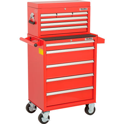 Global Industrial 26-3/8” x 18-1/8" x 52-9/16" 11 Drawer Red Roller Cabinet & Chest Combo
