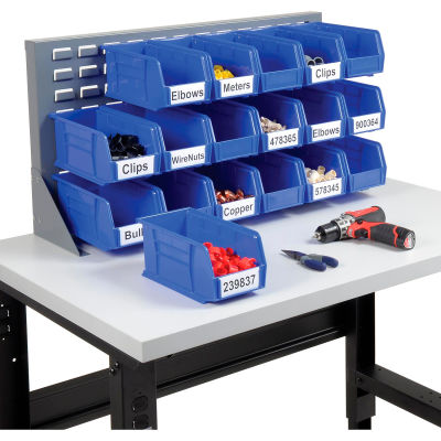 Global Industrial Louvered Bench Rack 36"W x 20"H - 18 of Blue Premium Stacking Bins