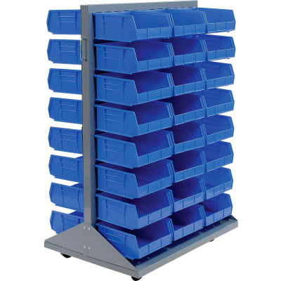 Global Industrial Mobile Double Sided Floor Rack - 48 Blue Stacking Bins 36 x 54